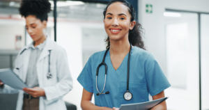 young medical professional or female nurse in clinic