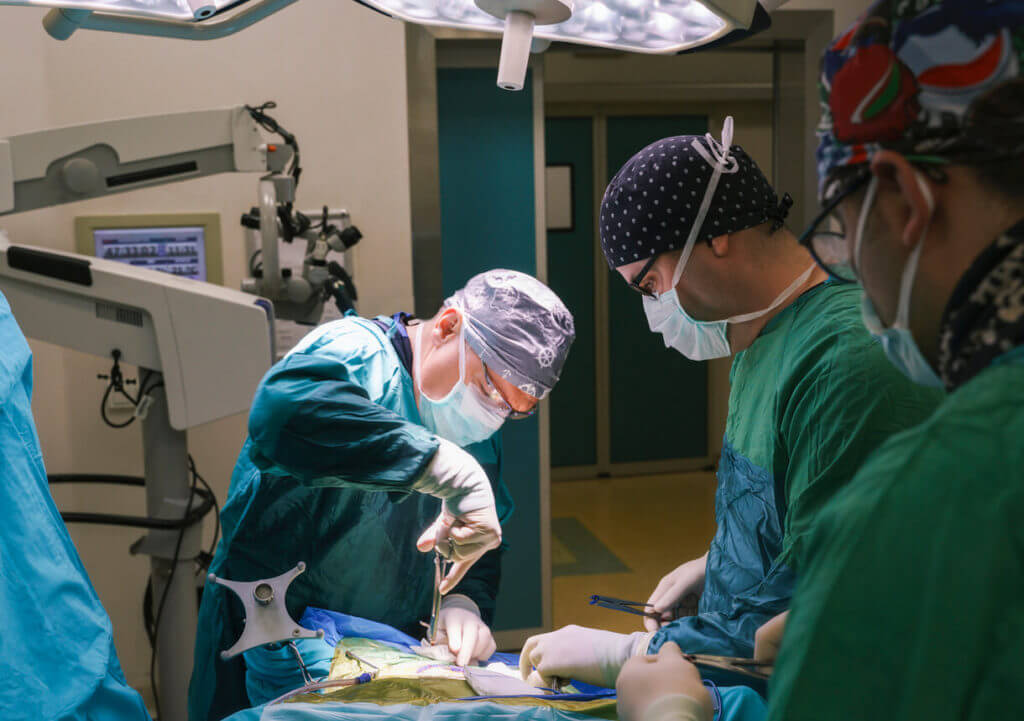 A neurosurgeon team conducting brain tumor surgery in the hospital's operating room.